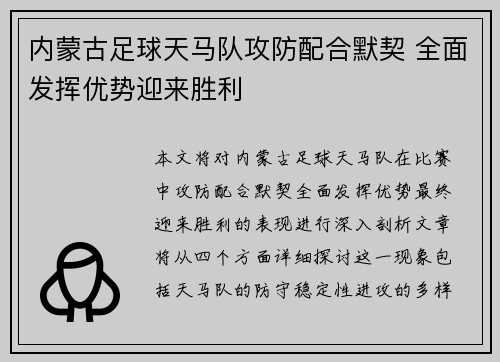 内蒙古足球天马队攻防配合默契 全面发挥优势迎来胜利