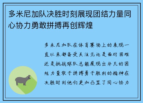 多米尼加队决胜时刻展现团结力量同心协力勇敢拼搏再创辉煌