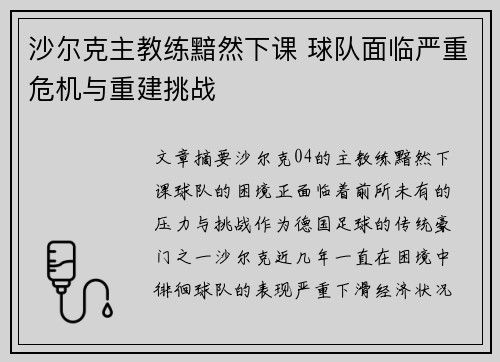沙尔克主教练黯然下课 球队面临严重危机与重建挑战