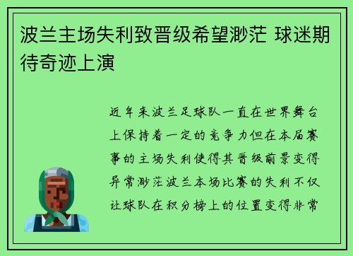 波兰主场失利致晋级希望渺茫 球迷期待奇迹上演