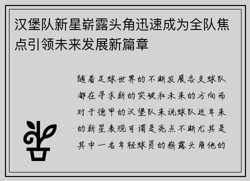 汉堡队新星崭露头角迅速成为全队焦点引领未来发展新篇章