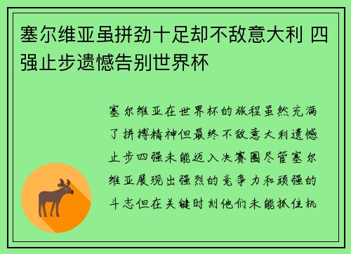 塞尔维亚虽拼劲十足却不敌意大利 四强止步遗憾告别世界杯