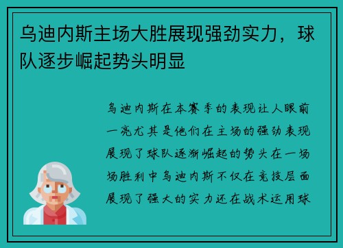 乌迪内斯主场大胜展现强劲实力，球队逐步崛起势头明显