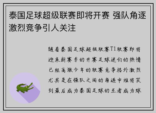 泰国足球超级联赛即将开赛 强队角逐激烈竞争引人关注